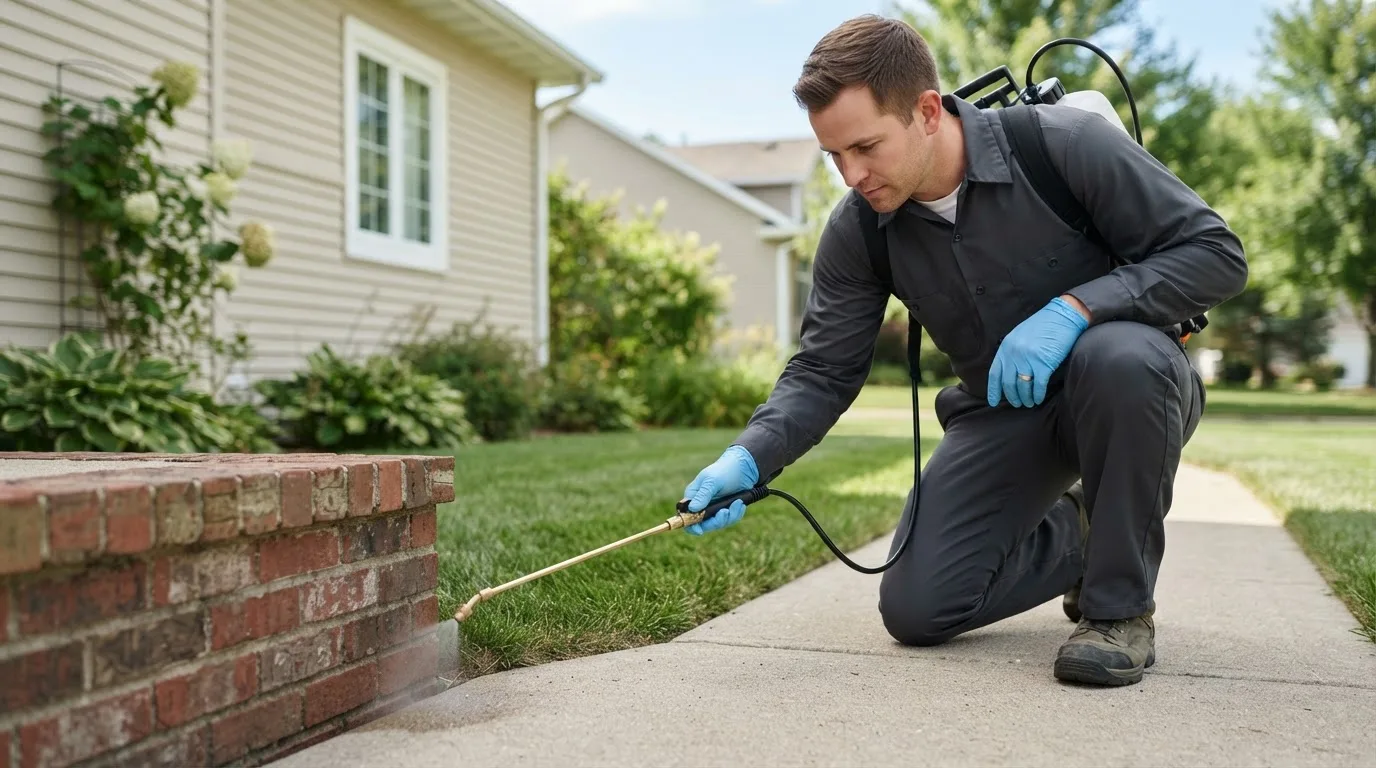 Pest control technician treating a home near Farragut, IA