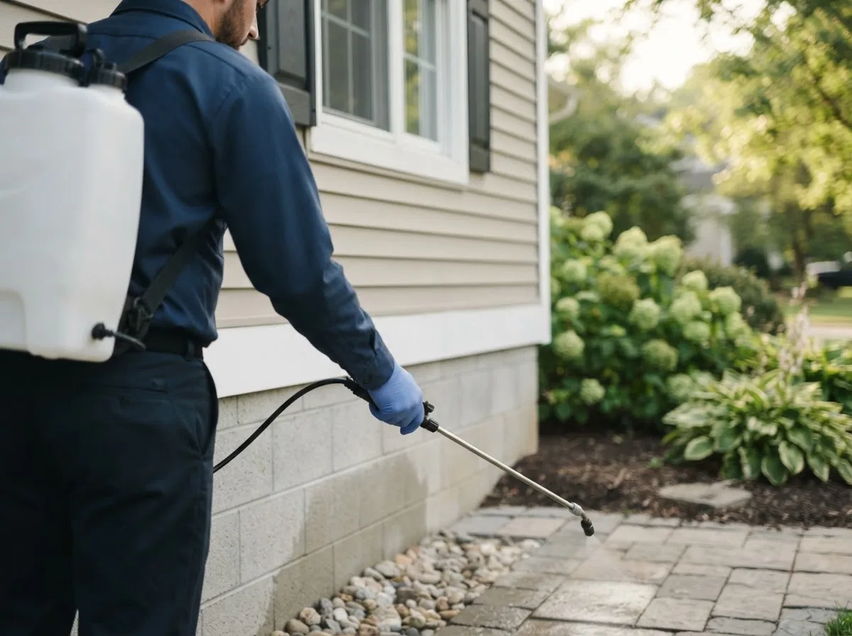 Pest control technician inspecting a home in Farragut, IA